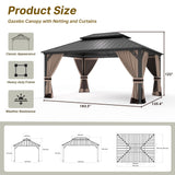 Gotland 2024 New 12' x 16' Hardtop Gazebo, Outdoor Iron Metal Double Roof Pergola with Curtains and Netting for Patio, Garden, Lawn, Khaki Gotland