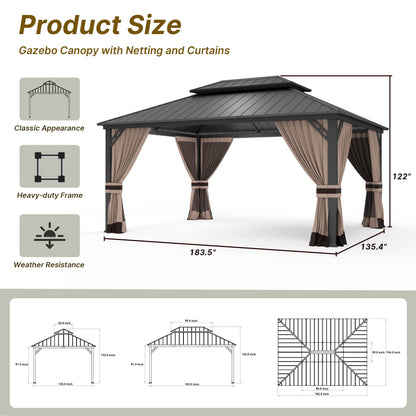 Gotland 2024 New 12' x 16' Hardtop Gazebo, Outdoor Iron Metal Double Roof Pergola with Curtains and Netting for Patio, Garden, Lawn, Khaki - WoodArtSupply