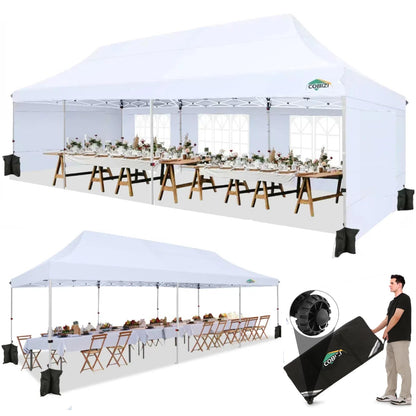 COBIZI 10x30 Pop Up Canopy Tent with 5 Removable Sidewalls, Easy Setup Canopy with Roller Bag & Sandbags，Waterproof and UPF50+ Gazebo Tent, Outdoor Gazebo for Party Wedding Events Tent(White