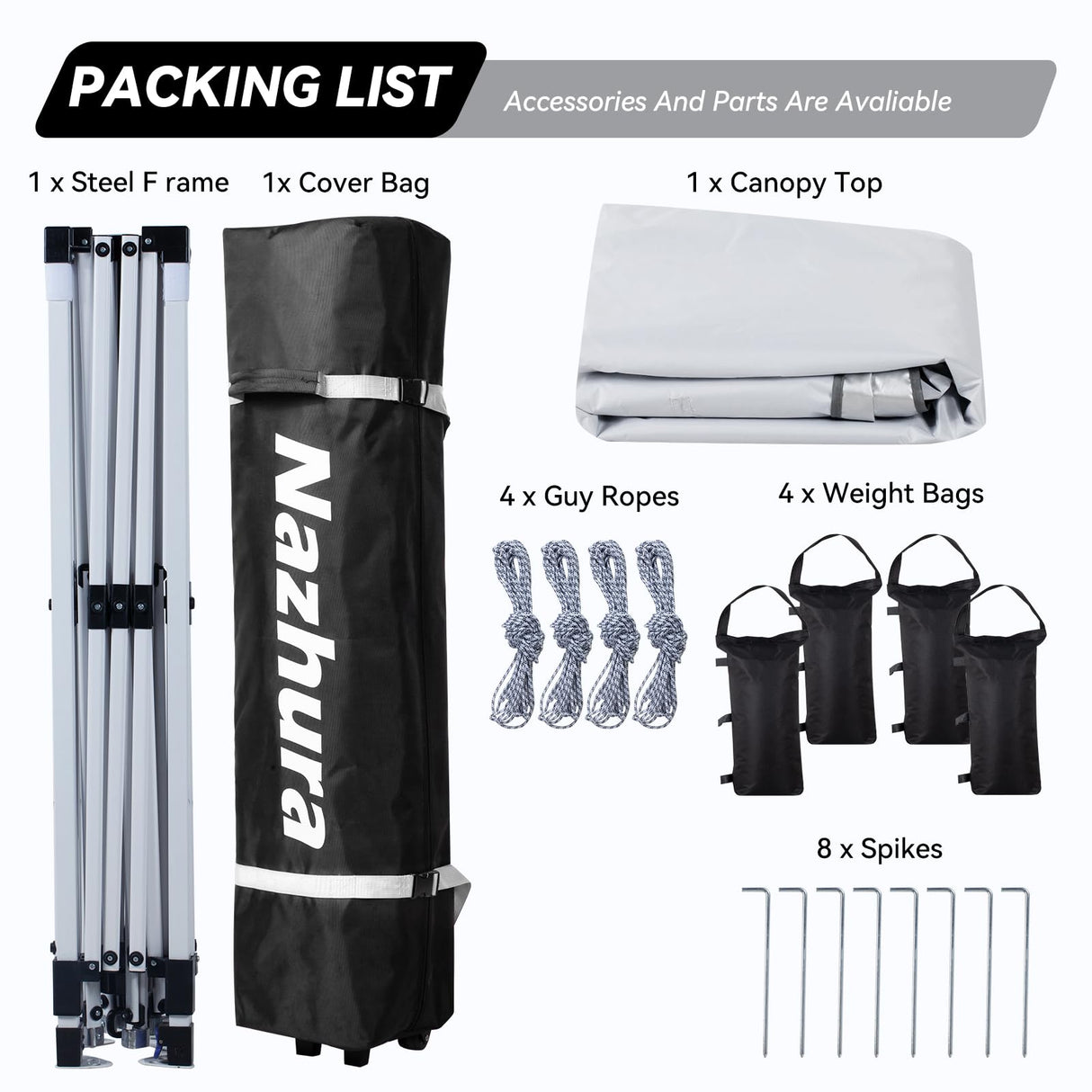 Nazhura 10' x 10' Pop Up Canopy Tent with Sand Weight Bag, Freestanding Sun Shelter for Picnic and Camping, One Person Setup and Height Adjustable (White) Nazhura