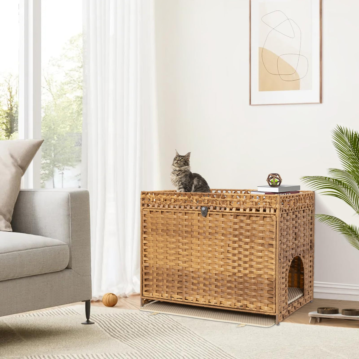 Cat Litter Box Enclosure Furniture Hidden with Soft Mat,Handwoven Rattan Cat House with Door for Large Cats Stylish Hidden Washroom Furniture for Living Room, Bedroom, or Balcony,Natural KOUSEI