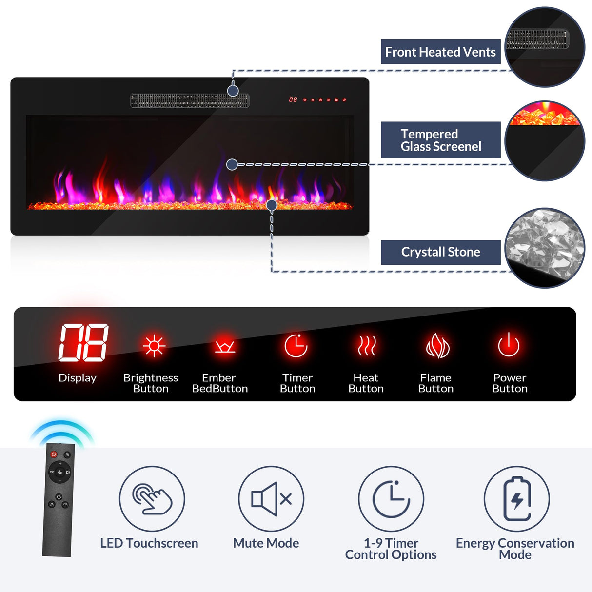 BELLEZE 70" TV Stand for TVs up to 75", LED Light Entertainment Center with 36" Electric Fireplace Heater, Storage Cabinet with USB AC Outlet, Media Console Table for Living Room - Avenue(White) BELLEZE