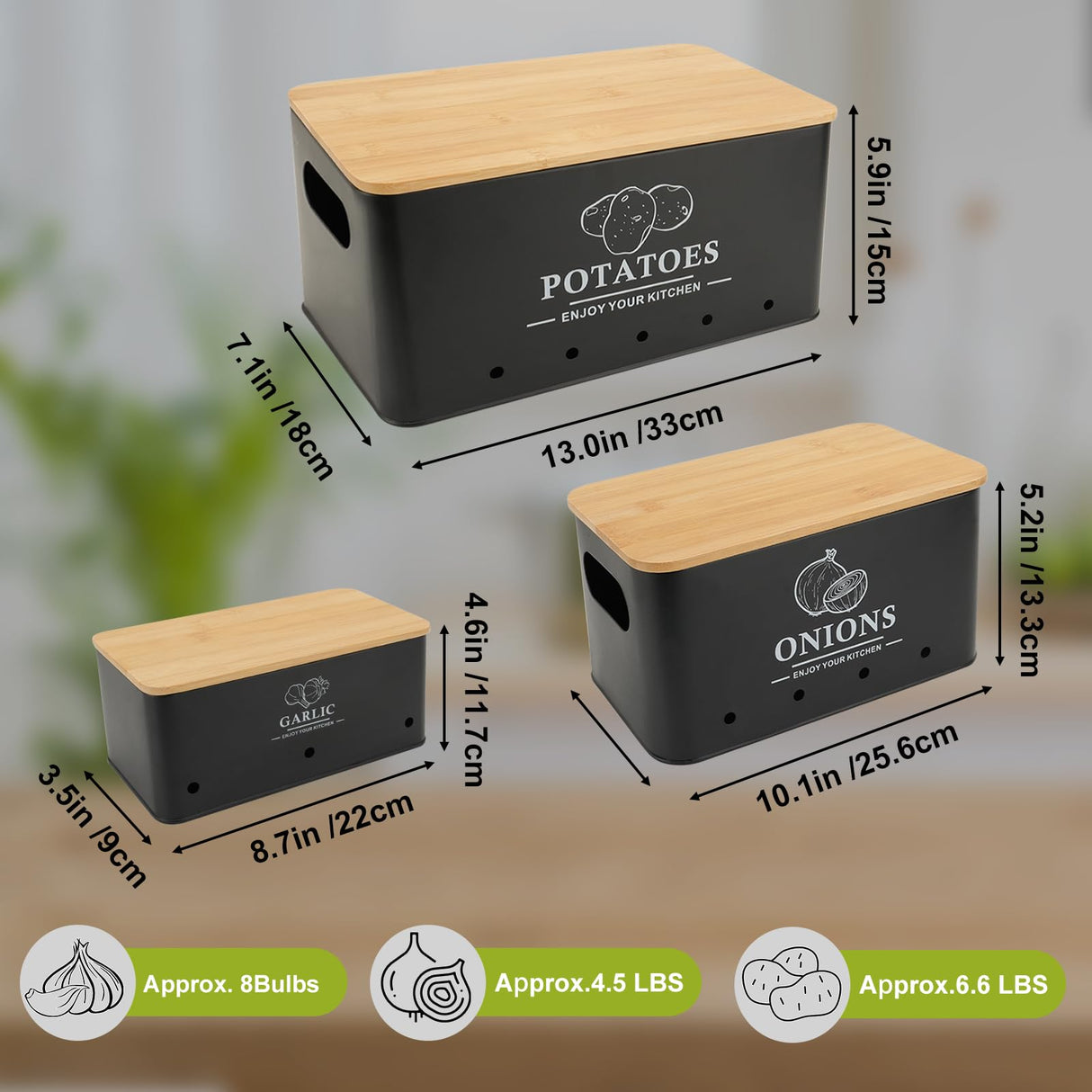 Dekosilave Kitchen Vegetable Storage Set of 3, Metal Onion Garlic Potato Storage Set, Kitchen Canisters Vegetable Keeper Containers with Aerating Holes and Wooden Lid (Black) Dekosilave