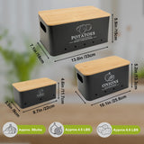 Dekosilave Kitchen Vegetable Storage Set of 3, Metal Onion Garlic Potato Storage Set, Kitchen Canisters Vegetable Keeper Containers with Aerating Holes and Wooden Lid (Black) Dekosilave