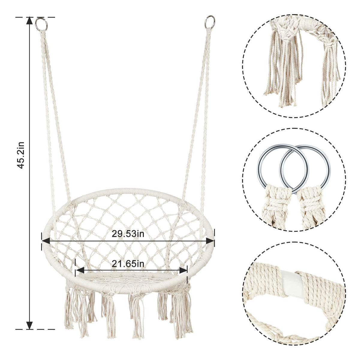 Macrame Hammock Chair Swing with Hardware Kits, Handmade Knitted Hanging Chair for Bedroom,Indoor,Outdoor, Balcony, Yard, Porch- 265 Pound Capacity -29.53" L x 29.53" W x 45.28" H Mertonzo
