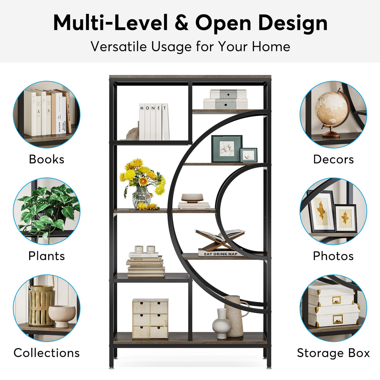 Tribesigns 71-Inch Geometric Industrial Bookcase with 8 Tiers and Metal Frame for Elegant Open Storage Tribesigns