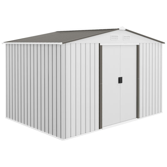 Outsunny 9' x 6' Outdoor Storage Shed, Garden Tool Metal Shed with Foundation Kit, Double Lockable Door, Air Vents and Sloping Roof, for Backyard, Patio, Lawn, Silver - WoodArtSupply