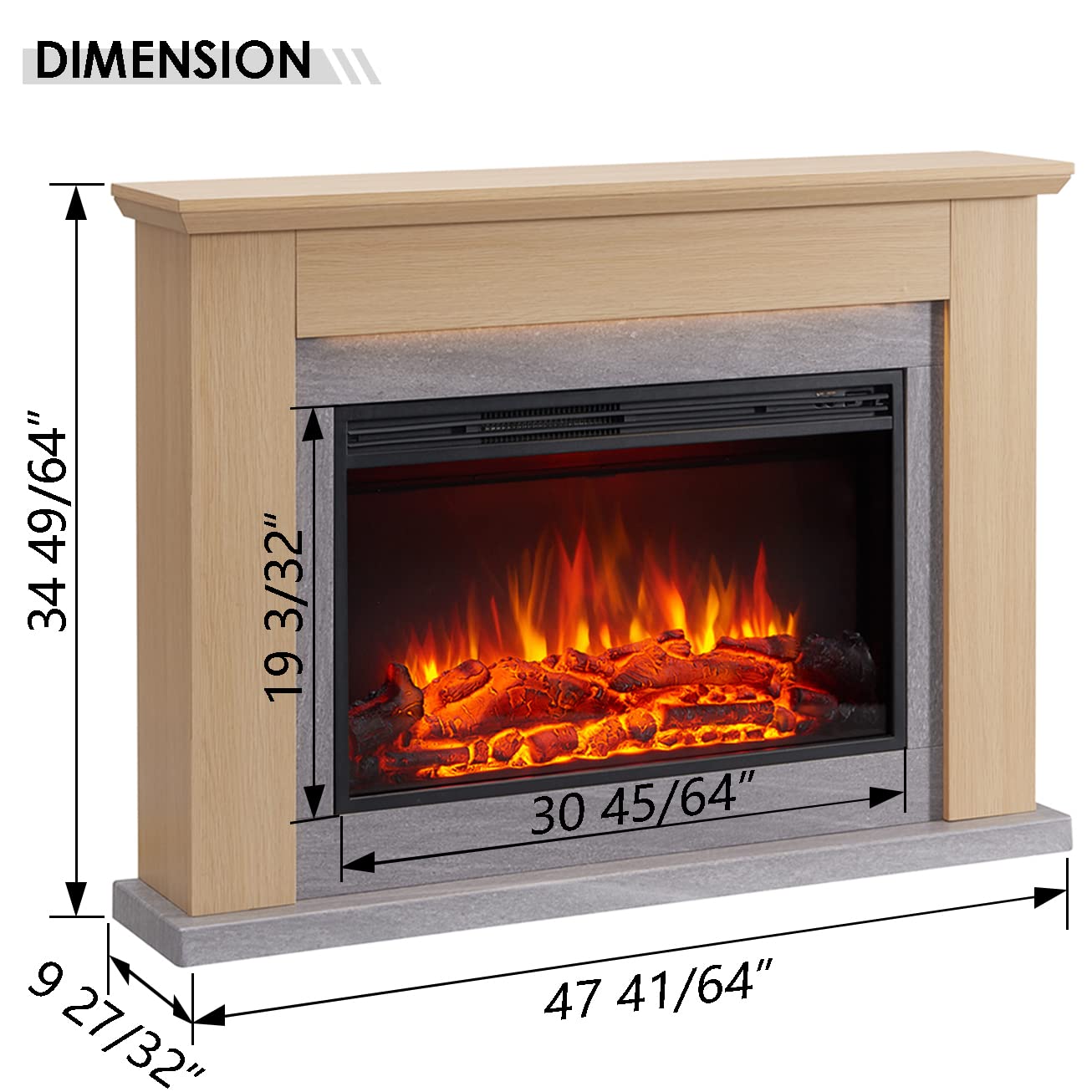 LegendFlame® Harrison Electric Fireplace with 48” Mantel Surround and Jaden 31" Insert, Natural Oak with Light Grey Marble Finish