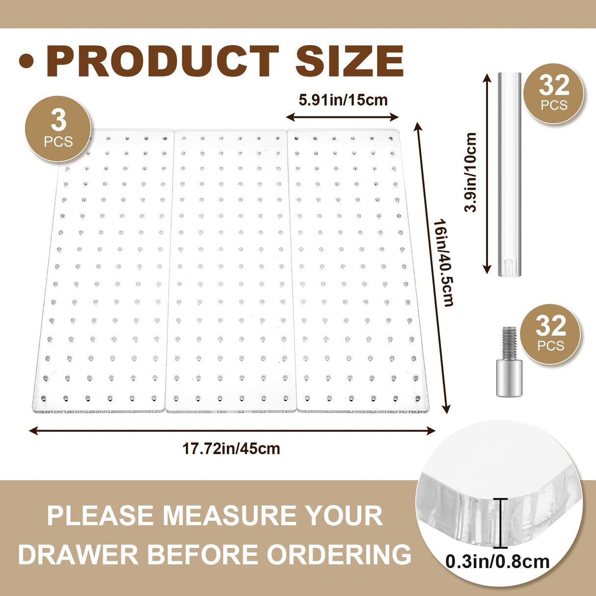 Kigley 3 Pcs Acrylic Pegboard Drawer Organizer with 32 Pegs - 16 x 5.91 in Clear Peg Board System - Drawer Organizers for Dishes, Food Containers, Cookware, Utensils - Kitchen Kigley