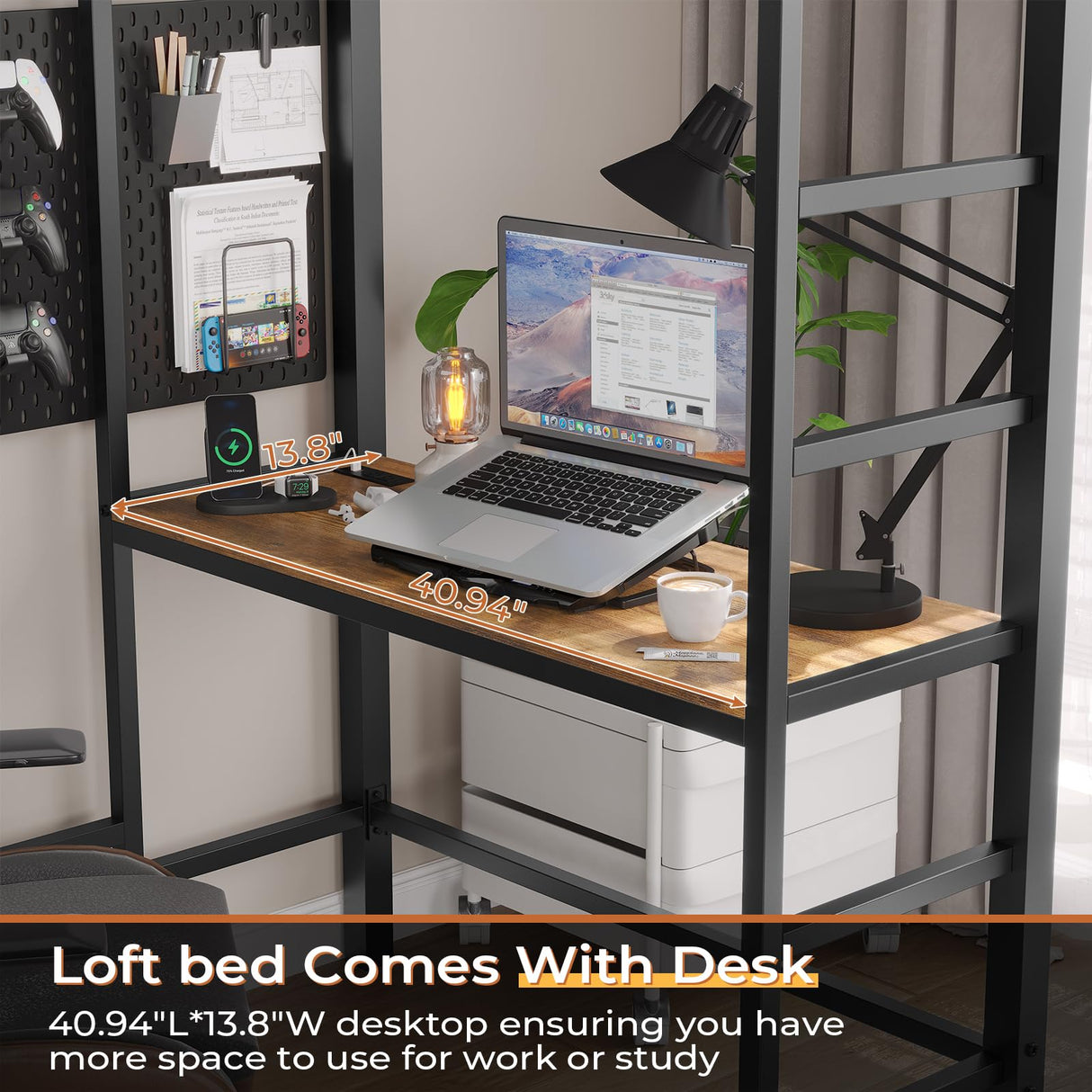 DICTAC Loft Bed Twin Size with Desk and Charging Station Metal Loft Bed with Led Lights,Storage Shelves and Drawers Twin Bed Frame with Clothes Rail,Safety Guard & Ladder,No Box Spring Needed,Black DICTAC