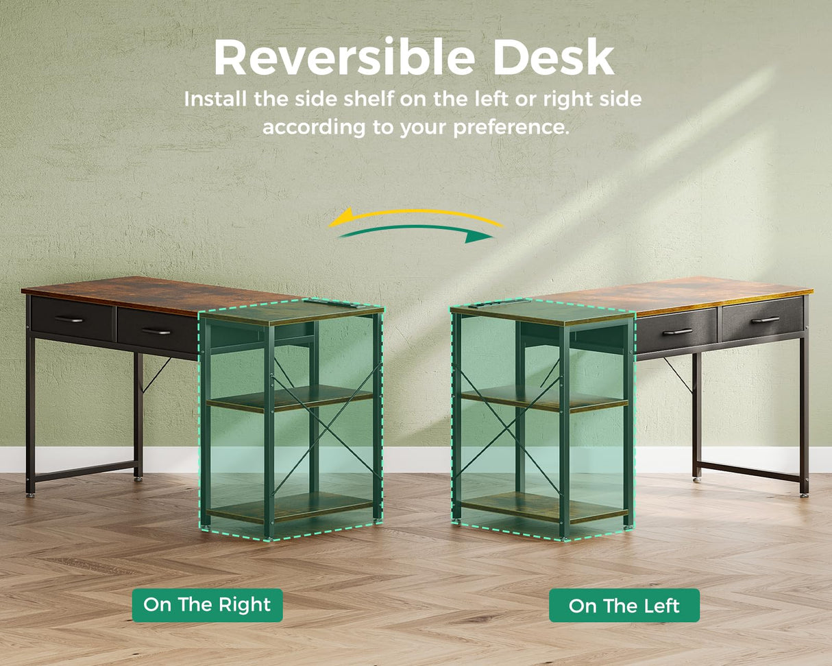 Coleshome Laptop Desk, 40 Inch Small Desk with Drawers & Power Outlet for Bedroom, Computer Desk Home Office Desk with Storage Shelves, Reversible Study Table for Small Spaces, Rustic Brown Coleshome