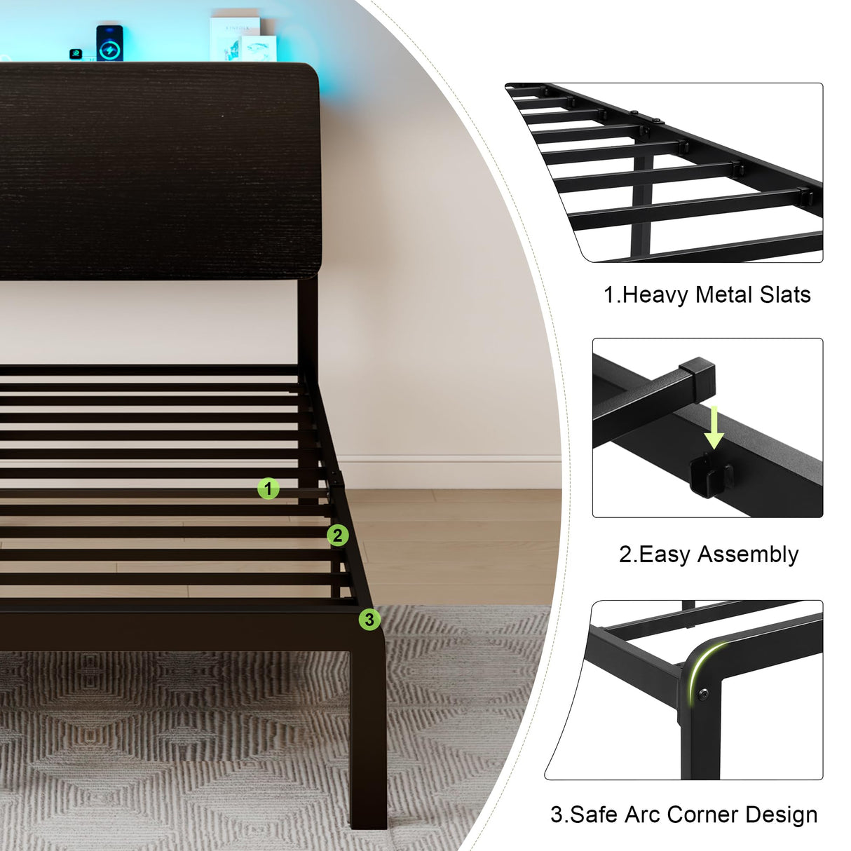 Feonase Twin Bed Frame with Ergonomic Storage Headboard & Charging Station, LED Platform Bed Frame, Heavy Duty Metal Slats, No Box Spring Needed, Easy Assembly, Black Feonase