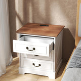 HOPUBUY 22" Farmhouse Nightstand Set of 2 with Charging Station, Wood Night Stand with Antique Handles, 3 Drawer Night Stand Tall Nightstand for Bedroom, Off White and Brown Top HOPUBUY