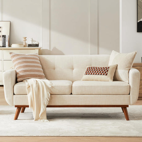 Kingfun 2 Piece Loveseat and Sofa Sets, Mid Century Modern Decor Love Seat Couches for Living Room, Button Tufted Upholstered Furniture, Easy to Install Small Couch for Bedroom, Office, Beige Kingfun