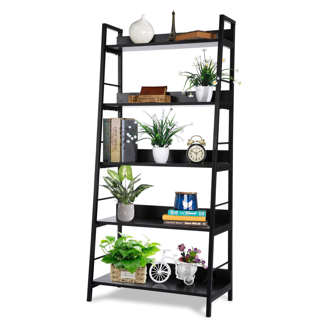 Homdox 5 Tier Ladder Shelf, Industrial Bookshelf Wood and Metal Bookcase, Plant Flower Stand Rack Book Rack Storage Shelves for Home Decor Homdox