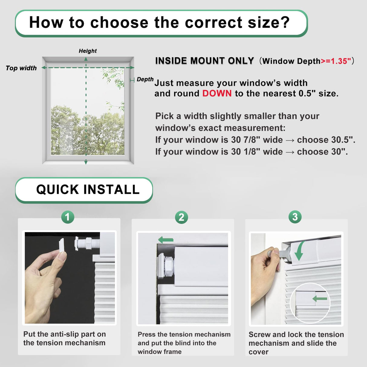 Tonature No Tools No Drill Top Down Bottom Up Cellular Shades for Windows, 1" Blackout Fabric, Cordless Honeycomb Blinds for Indoor Window, Thermal Insulated Noise Reduction, 31" W x 64" H, White Tonature
