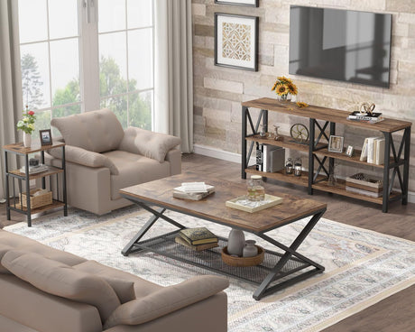 LVB Rustic Coffee Table with Storage, Industrial Wood Metal 2 Tier Center Living Room Table with Mesh Shelf, Farmhouse Wooden Low Rectangle Cocktail Tea Table for Office Bedroom, 47 inch, Rustic Brown LVB