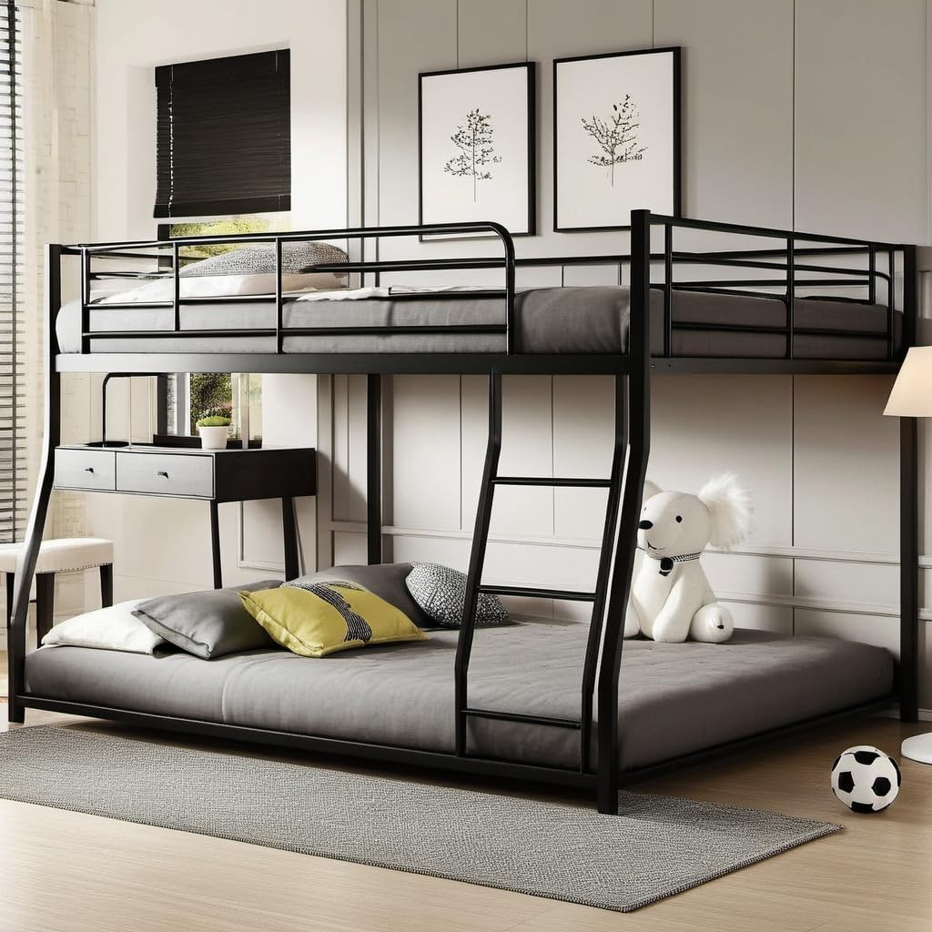 UOCFYK Twin Over Full Floor Bunk Bed, Metal Low Profile Bunk Bed Frame with Ladder and Guardrails, Wood Slat Support, No Noise, Easy Climbing & Assembled, Black