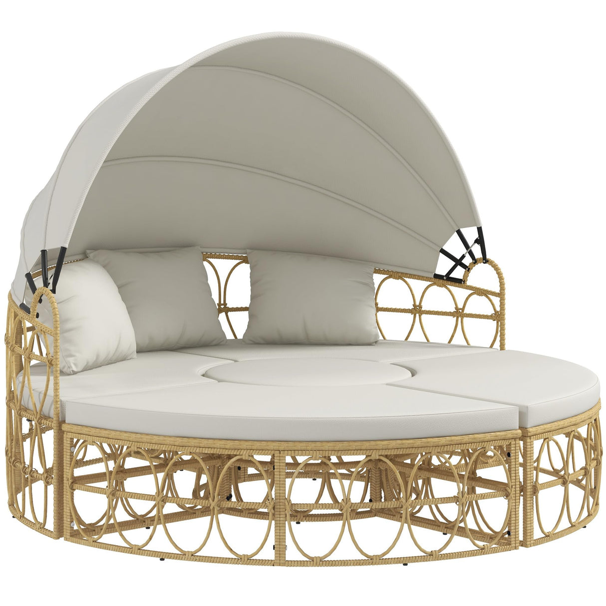 Outsunny Patio Furniture Set, Round Outdoor Daybed with Washable Couch Cushions, Hollow Wicker PE Rattan Sectional Sofa with Retractable Canopy for Pool, Lawn, Cream White Outsunny