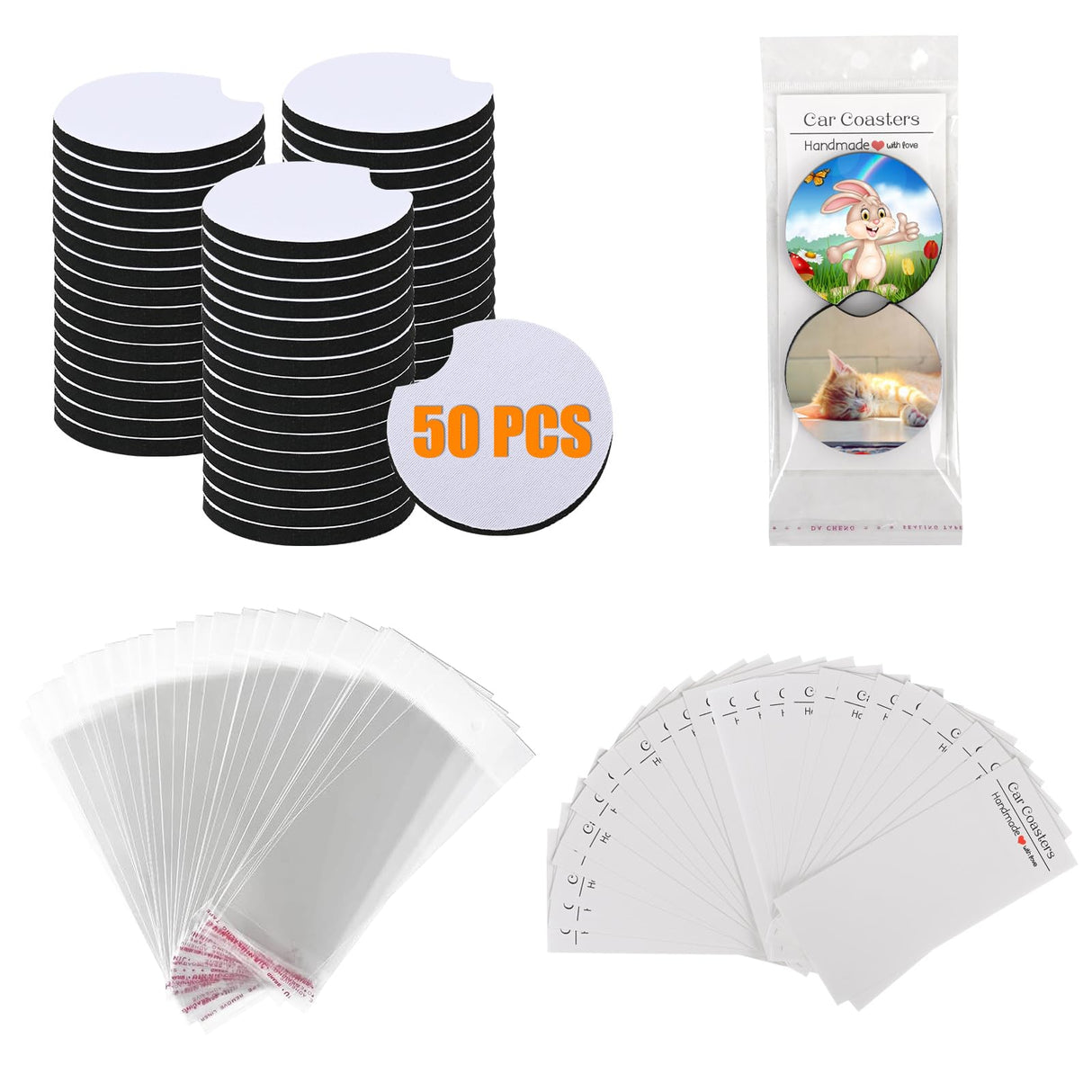 100Pcs Sublimation Car Coasters Blanks Set, 50 Pcs 2.75/0.25 in Neoprene Round Opening Sublimation Coasters, 25Pcs Self-Seal Bags & 25Pcs Car Coaster Display Cards for Sublimation DIY Drink Coaster CJMYHOME