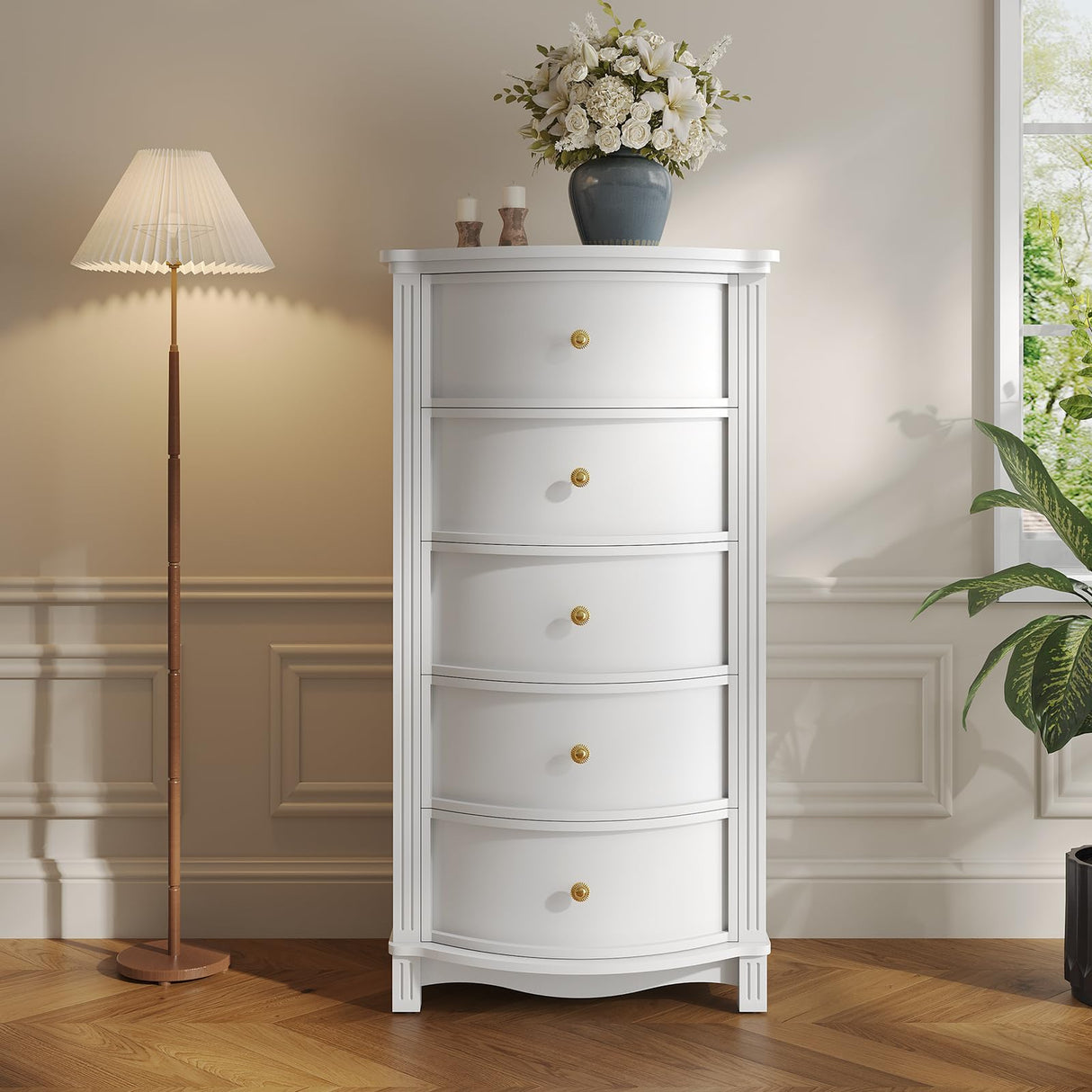 UPOSOJA AuraCurve Tall 5-Drawer Chest, Elegant Dresser with Five Arc Fronts, Roman Column Decor, Slim Floor Standing Storage Cabinet, 48.6x23.6x15.7 Inches(White, 5 Drawer) UPOSOJA