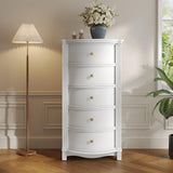 UPOSOJA AuraCurve Tall 5-Drawer Chest, Elegant Dresser with Five Arc Fronts, Roman Column Decor, Slim Floor Standing Storage Cabinet, 48.6x23.6x15.7 Inches(White, 5 Drawer) UPOSOJA