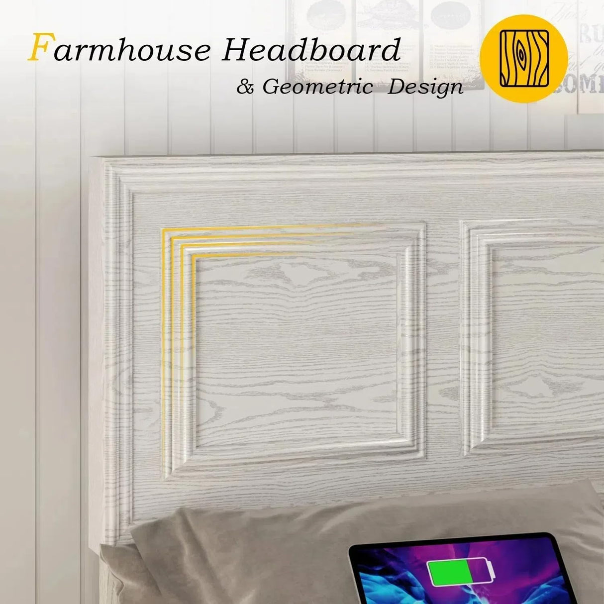 Incyneva Farmhouse Platform Full Bed Frame Wood with Adjustable Headboard, LED Light and Charging Station, No Box Spring Needed, Noise Free, Geometric Design & Antique White Incyneva