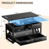 Memobarco 40" Lift Top Coffee Table,4 in 1 Multi-Function Lift Coffee Tables with Storage Drawers and Hidden Compartmen,Farmhouse Coffee Table with Lifting top for Living Room,Black Memobarco