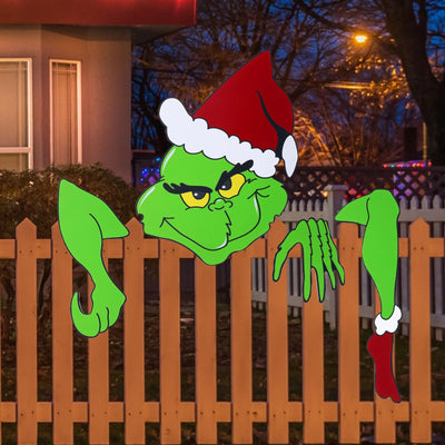 Christmas Fence Peeker Decorations Outdoor Funny Christmas Fence Yard Sign with Hand Head for Holiday Xmas Garden Courtyard Wall Decorations (Style 2)