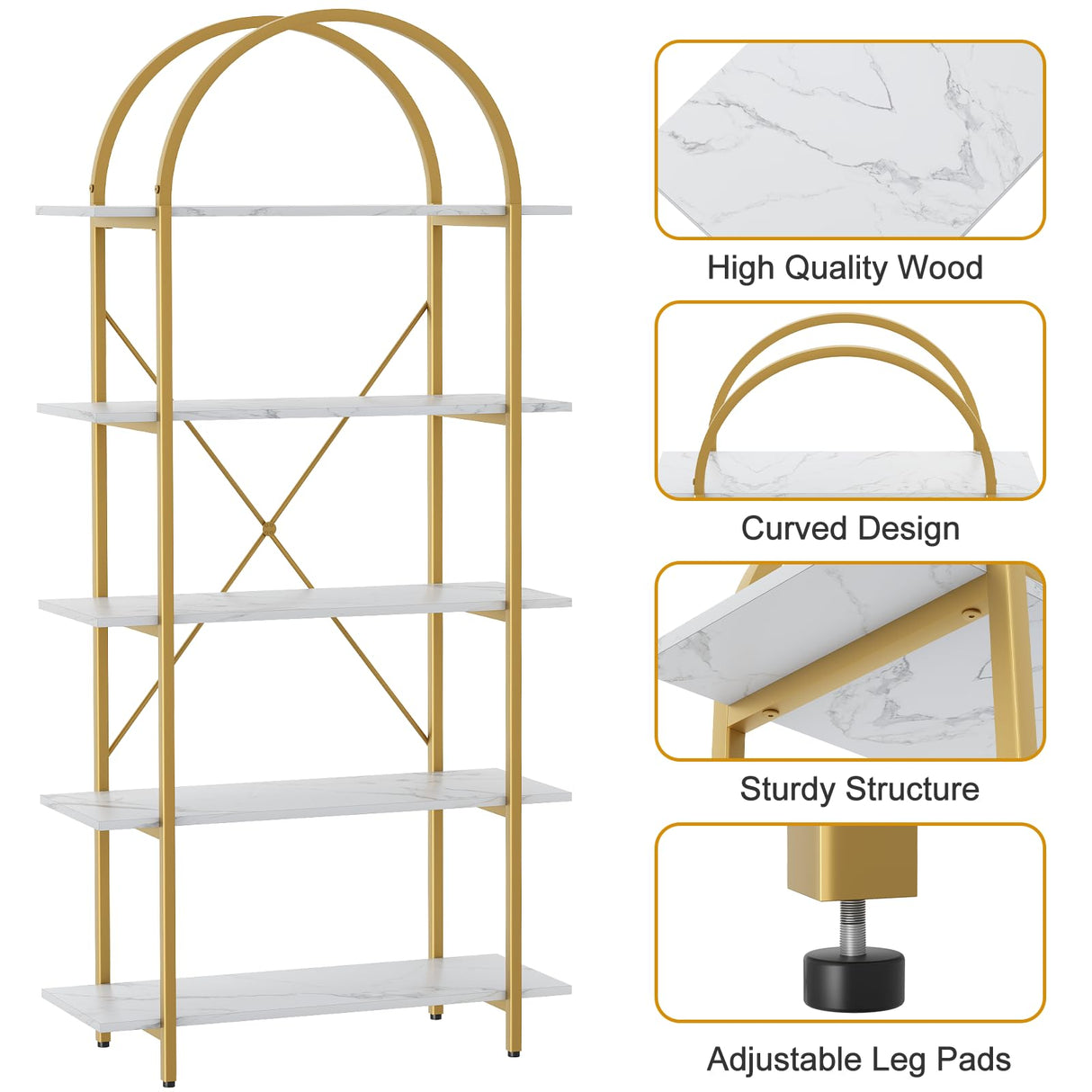 Arbuxzuy Arched Bookshelf 5 Tier Book Shelf, 31.5 Inch Width Industrial Arch Bookcase, Curved Tall Bookshelf with Open Shelves for Home Office, Living Room, Bedroom, Gold Arbuxzuy