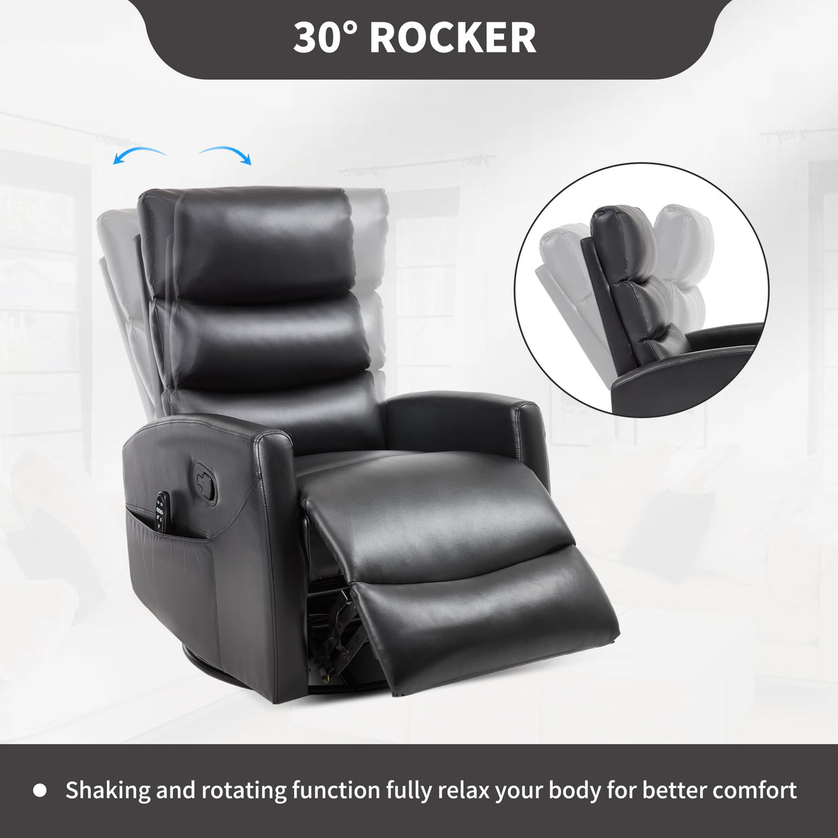 PELUMY Manual Recliner Chair with Heat & Vibration Massage, 360° Swivel Rocker Recliner with 155° Recline and Lumbar Heat, Compact Recliner for Living Room & Small Spaces (Breathable Leather, Black) PELUMY