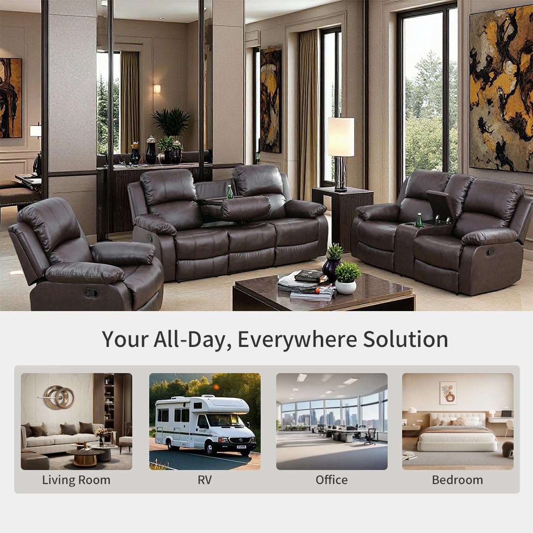 Toseslo Manual Reclining Couch Sofa Set with Drop-Down Table, 3 Pieces Brown Leather Recliner Couch Sets, Living Room Furniture Sets, Recliner Sofa with Storage Console/Cup Holder for Home/Apartment Toseslo