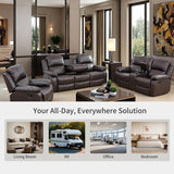 Toseslo Manual Reclining Couch Sofa Set with Drop-Down Table, 3 Pieces Brown Leather Recliner Couch Sets, Living Room Furniture Sets, Recliner Sofa with Storage Console/Cup Holder for Home/Apartment Toseslo