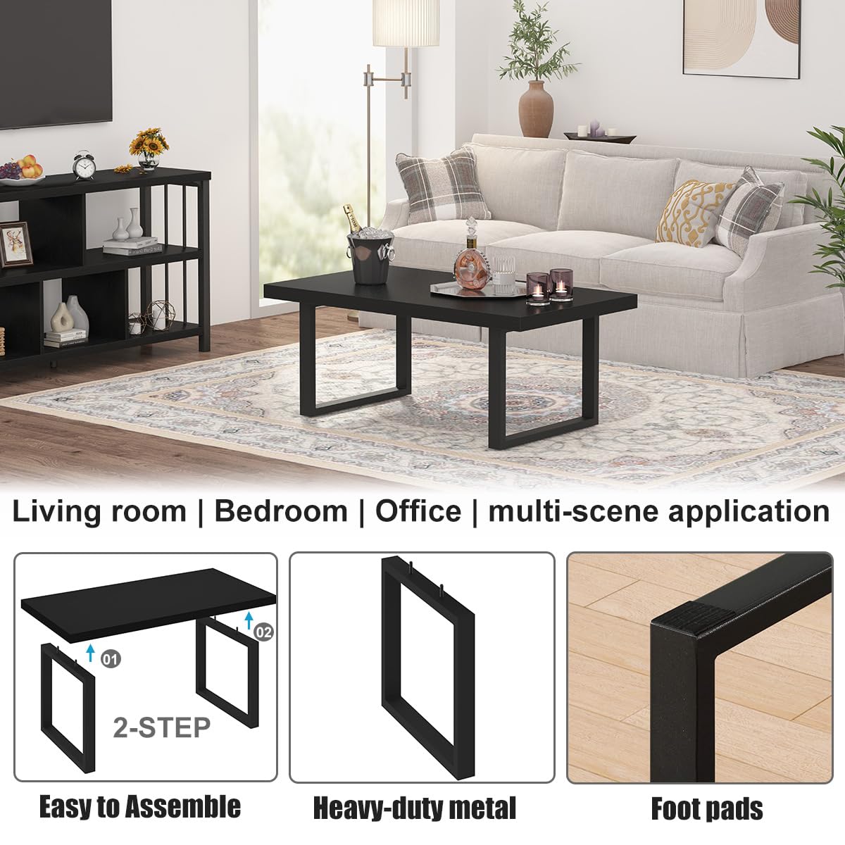 IBF Black Coffee Table, Minimalist Industrial Wooden Center Table, Modern Simple Rectangle Living Room Table, Farmhouse Wood and Metal Cocktail Coffee Table for Home Bedroom Office, Black Oak, 39 inch IBF