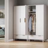 VINGLI Fluted Wardrobe Closet Armoire with Doors And Drawers, White Wardrobe Cabinet with Hanging Rack, Bedroom Closet Wood, Free Standing Armoire with Shelf and Solid Wood Legs, 31.5"W*19.7"D*69.3"H VINGLI