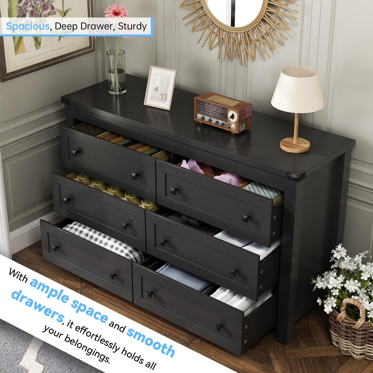 HUANLEGO Black Dresser for Bedroom with 6 Drawers, Modern Chest of Drawers, Wood Dressers Bedroom Furniture Wide Storage Drawers Dressers Organizer for Closet, Living Room, Hallway HUANLEGO