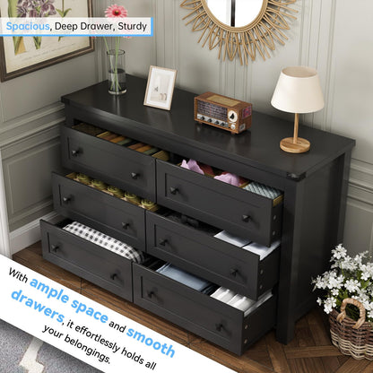 HUANLEGO Black Dresser for Bedroom with 6 Drawers, Modern Chest of Drawers, Wood Dressers Bedroom Furniture Wide Storage Drawers Dressers Organizer for Closet, Living Room, Hallway