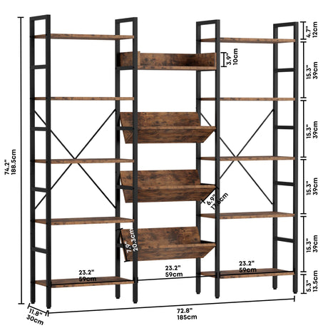 Triple Wide 5-Tier Industrial Style Bookshelf with Metal Frame and Open Shelves by IRONCK IRONCK