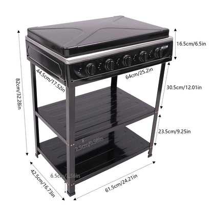 Propane Gas Stove 5 Burner/4 Burner, Portable Natural Gas Stove Outdoor Camping BBQ Stove Gas Cooker with 2 Tier Storage Rack, for RV, Apartment, Outdoor Cooking (Black, 5-Burner)