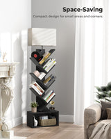 Evermagin 6 Tier Tree Bookshelf with Light, Small Bookcase Tower for Books/CDs/Movies, Sturdy Tall Floor Standing Book Organizer with Storage Cabinet for Living Room, Bedroom and Home Office (Black) Evermagin