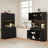 P.H.Furn 71" Pantry Cabinet, Kitchen Storage Cabinet with Drawers & Adjustable Shelf, Microwave Shelf, Kitchen Hutch with LED Light & Outlets for Dining Room/Entry/Hallway (Black) P.H.Furn