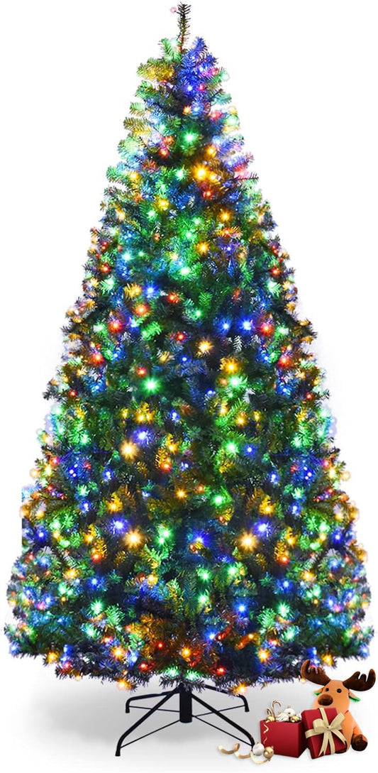 DREAMADE 7ft Prelit Christmas Tree, Xmas Tree with 1570 PVC Branch, 500 Pre-Strung Dual-Colored LED Lights, 11 Lighting Modes & Foldable Base, Artificial Christmas Trees for Home, Party, Holiday Decor