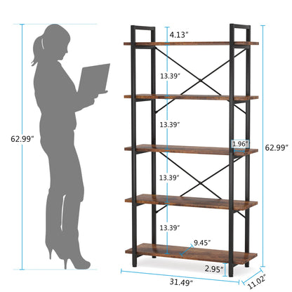 Tribesigns Industrial Rustic 5-Tier Bookshelf with Metal Frame for Living Room and Home Office - WoodArtSupply