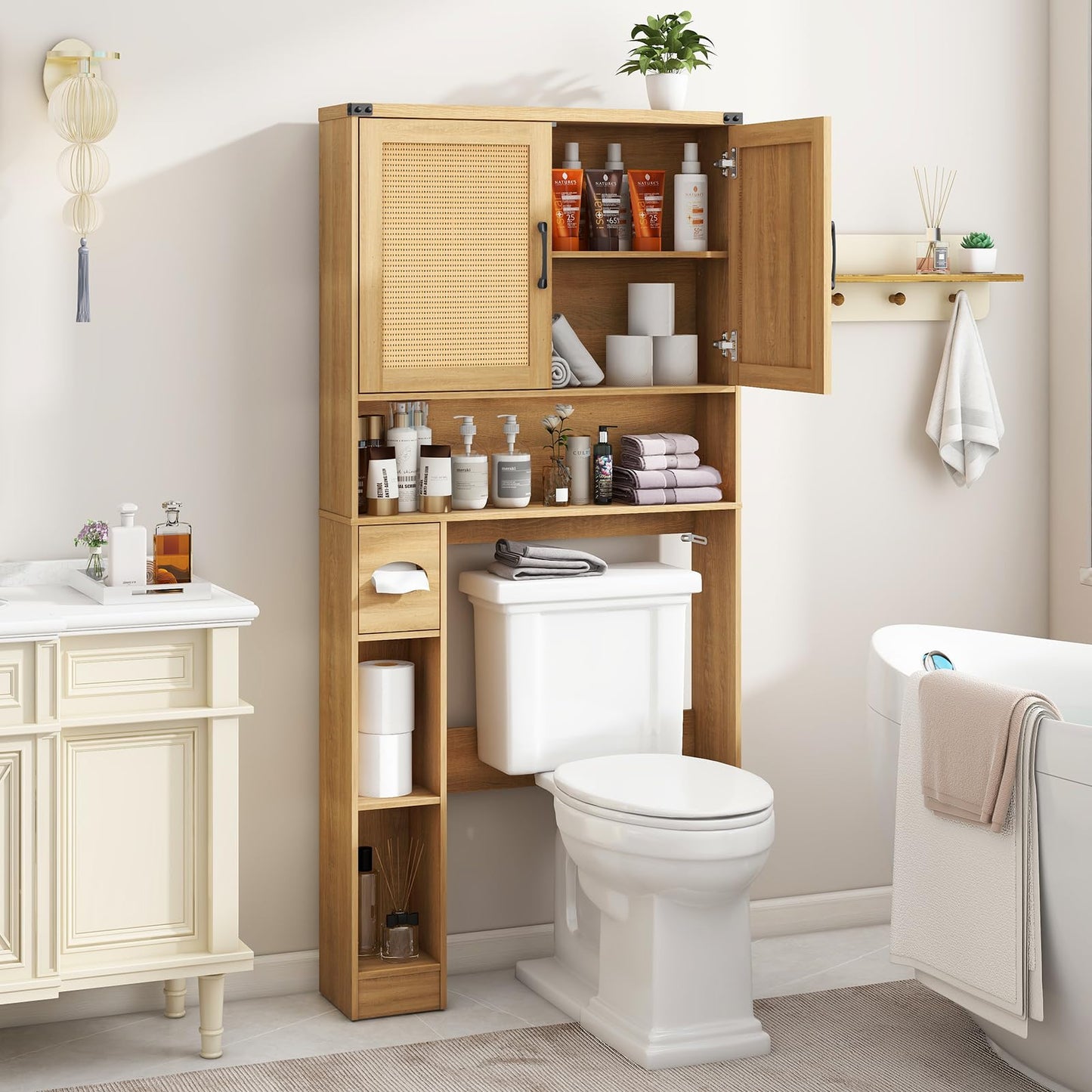 Over The Toilet Storage Cabinet, Farmhouse Rattan Storage Cabinet Over Toilet with 2 Rattan Barn Doors & Home Space-Saving Toilet Rack, for Bathroom, Restroom, Laundry