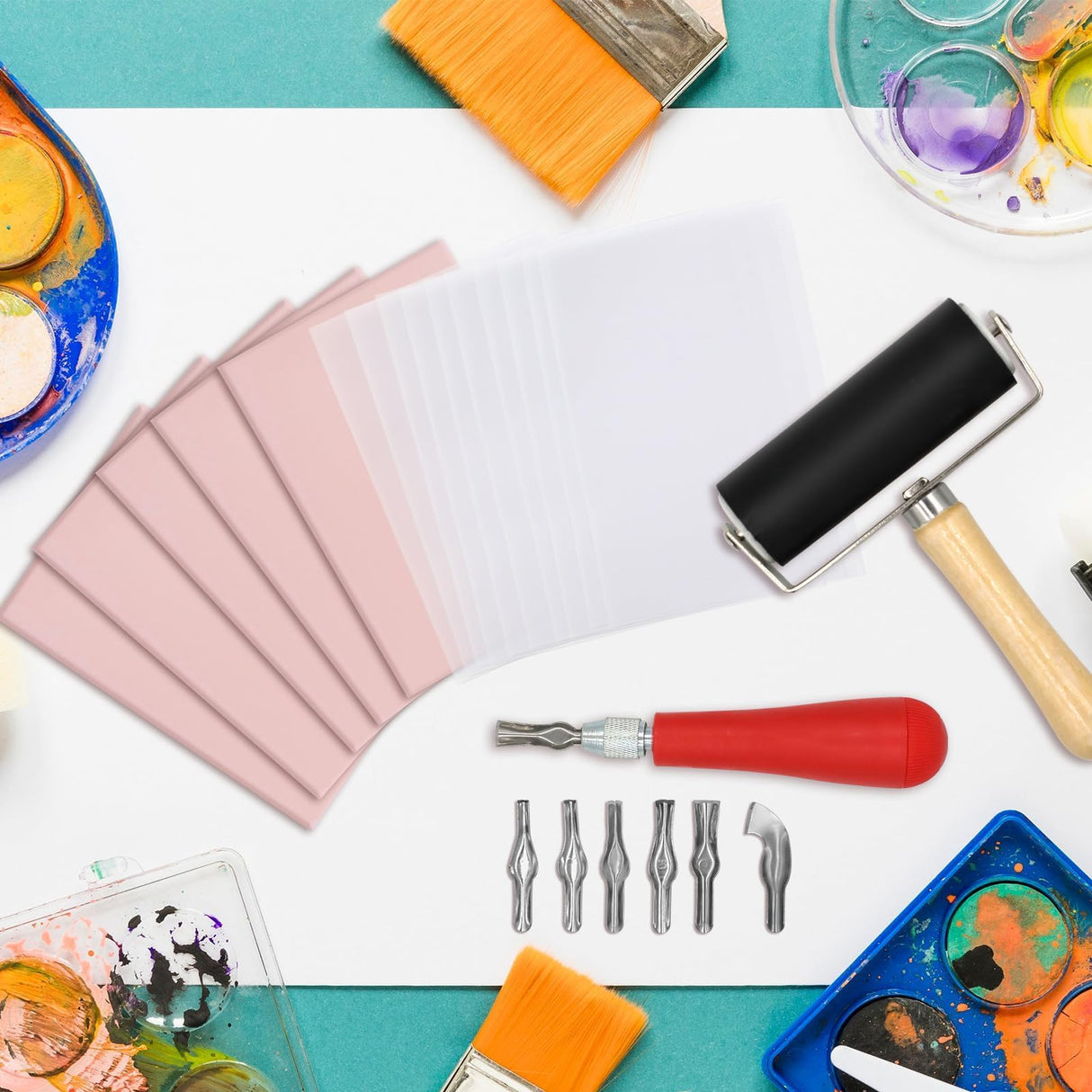 5 Pack 4x6 Pale Pink Rubber Stamp Carving Blocks Linoleum Block with Linoleum Cutter and Rubber Brayer Roller for Stamp Maker Printmaking Supplies Lyzskco