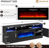oneinmil 70" Fireplace TV Stand with Power Outlet for TVs Up to 80", Electric Fireplace Entertainment Center with LED Lights & Storage Cabinets, Media Console Table for Living Room, Black oneinmil