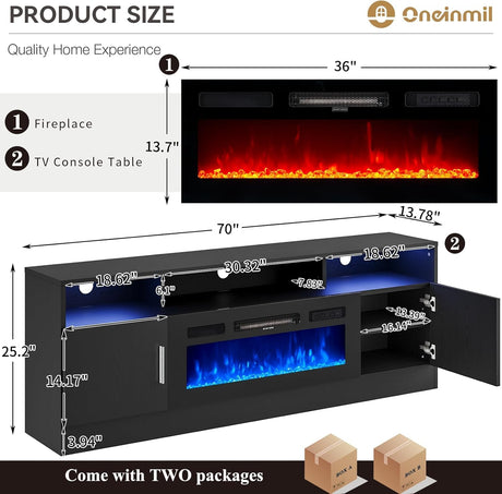 oneinmil 70" Fireplace TV Stand with Power Outlet for TVs Up to 80", Electric Fireplace Entertainment Center with LED Lights & Storage Cabinets, Media Console Table for Living Room, Black oneinmil
