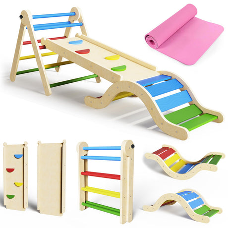 Pikler Triangle Set 7in1 Toddler Climbing Toys Indoor Foldable Baby Climbing Toys Wooden Montessori Climbing Set with Arch, Ramp, Ladder for 1-3 Years, Jungle Gym for Kids Colored doowroodni