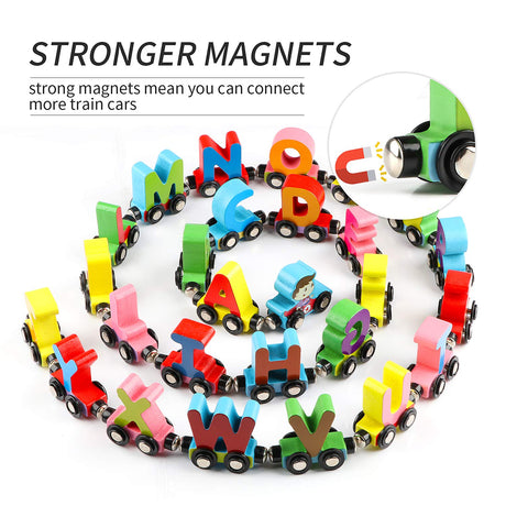 Wooden Alphabet Train Toy 27 PCS Magnetic Alphabet ABC Set Includes 1 Engine and 1 Storage Box Letter Cars for Toddlers Kids Boys and Girls, Compatible with Tracks Wondertoys