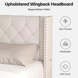 Lihimte Full Size Bed Frame with Led Lights, Upholstered Velvet Platform Bed Frames with Button Tufted Wingback Headboard and Footboard, Wooden Slats Support, No Box Spring Needed, Beige Lihimte